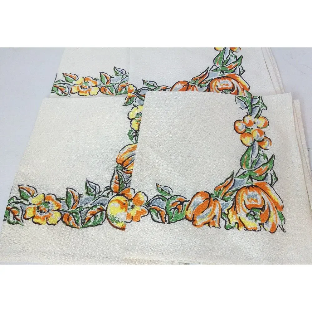 Vintage Retro Orange Green Floral Fabric Dinner Napkins 15x15 Set of 4